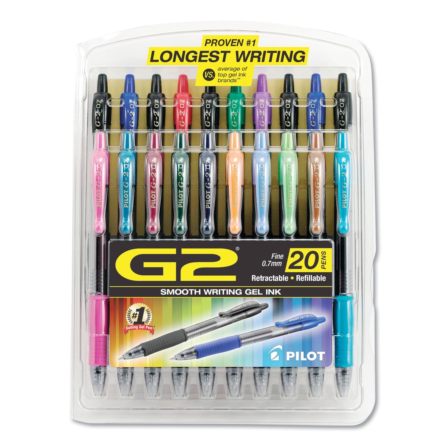 Pilot G2 Premium Gel Pen, Retractable, Fine 0.7 mm, Assorted Ink and Barrel Colors, 20/Pack