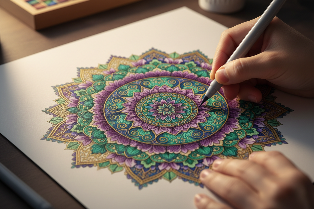 a person neatly coloring a fancy mandala