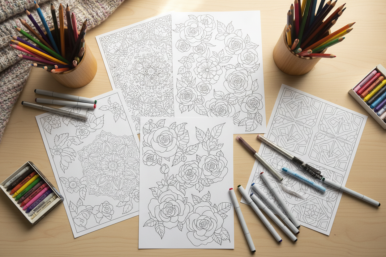 a table with intricate line art pages and coloring tools