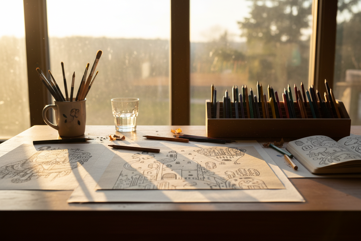 an art table with line art and colored pencils in front of a window with sunlight shining through